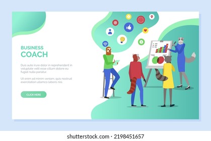 Business web coach, hipster animals cooperation, trainer showing rising chart or statistic on board, teamwork discussion, seminar education vector. Website or webpage template, landing page flat style