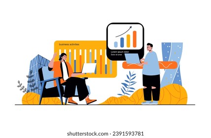 Business-Web-Konzept mit Menschen in flachem Cartoon-Design. Kollegen, die Datenanalyse machen, Arbeitsaufgaben diskutieren und Brainstorming. Vektorgrafik für Social-Media-Banner, Marketingmaterial.