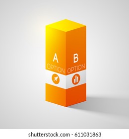 Business web design concept with 3d orange square column two options and icons isolated vector illustration