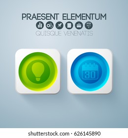 Business web design elements with colorful round buttons in square frames and icons isolated vector illustration