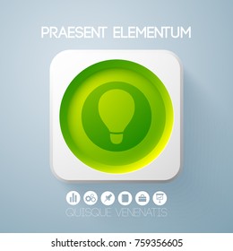 Business web design with green round button in light square frame and bulb icon isolated vector illustration