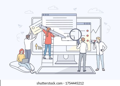 Business, web development, collaboration, teamwork concept. Team of young businessmen women clerks managers coworkers coding working together on website developing. Project cooperation annd analysis.