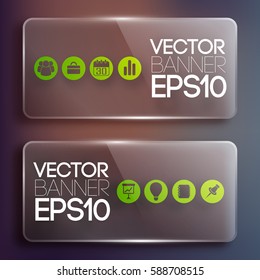 Business web glass horizontal banners with green circles and icons isolated vector illustration