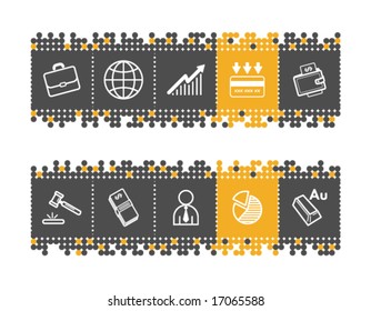 Business web icons on grey and orange dots bar. Vector file has layers, all icons in two versions are included.