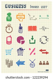 Business web icons set drawn by color pencils. Hand drawn vector elements pack isolated on paper