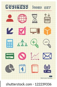 Business web icons set drawn by color pencils. Hand drawn vector elements pack isolated on paper