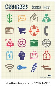 Business web icons set drawn by color pencils. Hand drawn vector elements pack isolated on paper
