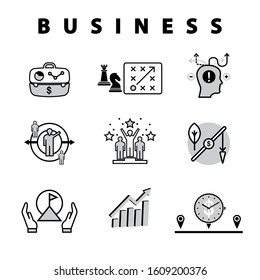 Business web Icons for website or social media page design. Timeline, Mission, Management, Analysis, Success, Marketing. Infographic icons collection. Vector pictograms collection.