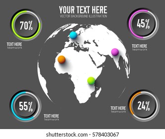 Business web infographic concept with round buttons percent rates and colorful balls on globe vector illustration