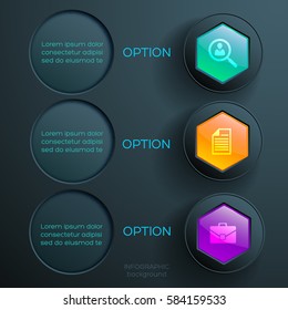 Business web infographic concept with three steps colorful glossy hexagons dark circles and icons vector illustration