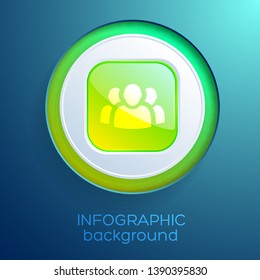 Business web infographic element with green glossy square button in circle and team icon isolated vector illustration