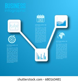 Business web infographic template with connected squares three steps and white icons on blue background vector illustration