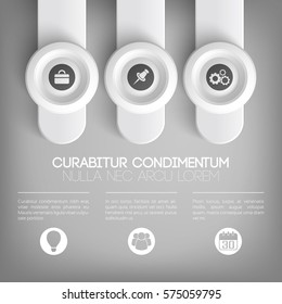 Business web infographic template with icons on circles and vertical round banners in gray colors vector illustration