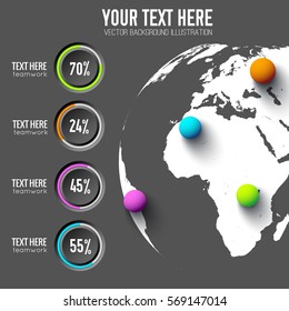 Business web infographics with round buttons percentage and colorful balls on global background vector illustration