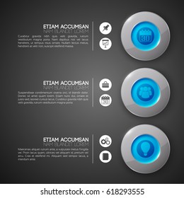 Business web interface infographic template with glass blue round buttons three options and icons vector illustration