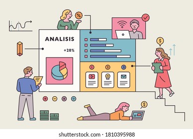 A business web page is floating and people around you are doing research. flat design style minimal vector illustration.