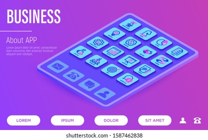 Business web page template. Buttons on tablet with thin line isometric icons. Success, strategy, finance planning, innovation, brainstorm, technical support, analytics, contract. Vector illustration