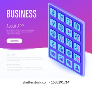 Business web page template. Buttons on tablet with thin line isometric icons. Success, strategy, finance planning, innovation, brainstorm, it support, analytics, presentation. Vector illustration