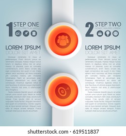 Business web presentation infographics with two options icons on red circles and gray rectangles vector illustration