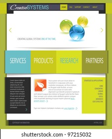 Business Web Site Template: Fresh White and Green Web Site Template, with shiny glass marbles and black, blue, gray and orange accents