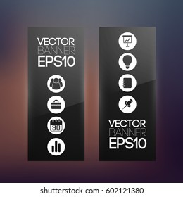 Business web vertical banners in dark color with icons on blurred background isolated vector illustration