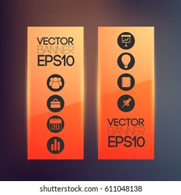 Business web vertical banners in red color with icons on blurred background isolated vector illustration