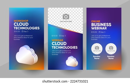 Business webinar banner template for social media story banner. Background and cloud technologies concept 3d illustration for social media banner post design in vector. 