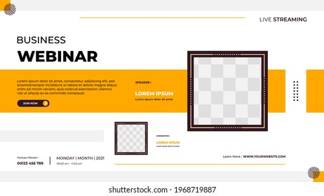 Business webinar banner template for website with square frame and geometric shape concept