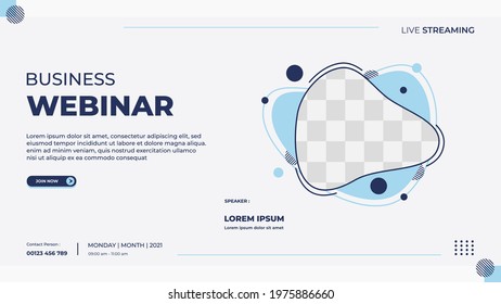 Business webinar banner template for website with liquid frame and geometric shape concept