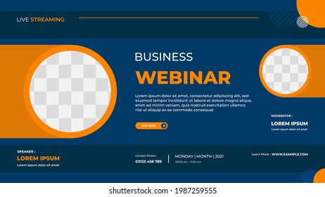 Business webinar banner template for website with orange circle frame and blue background