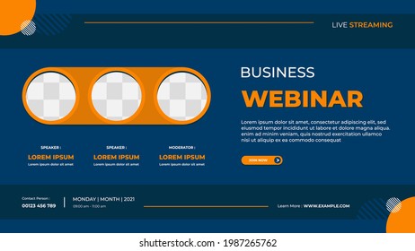 Business webinar banner template for website with orange triple circle frame and blue background