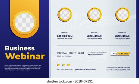 Business webinar banner template for website with blue and white gradient geometric background and four circle frame