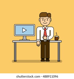 Business webinar concept. Man with coffee cup and laptop. Idea of online learning, tutoring and more. Distance instructor, teacher or student.