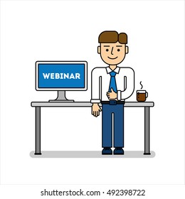 Business webinar concept. Man with coffee cup and laptop. Idea of online learning, tutoring and more. Distance instructor, teacher or student.