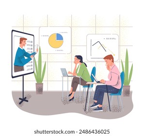 Business webinar concept. People with laptops sitting and listening to online business lecture. Distance education, learning and training. Linear vector illustration isolated on white background