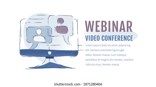 Business webinar concept, vector image of computer monitor with speech bubbles, training interview process, distance education and internet conference, online course time.
