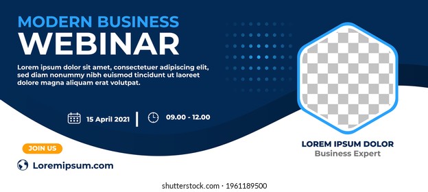 Business webinar horizontal banner design. Modern banner design with dark blue and white background color and place for the photo.