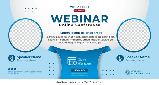 Business webinar horizontal banner design. Modern banner design with blue and white background color and place for the photo. Usable for banner, cover, and header.
