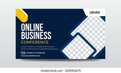 Business webinar horizontal banner template design. Modern banner design with navy blue background color. Usable for banner, cover, and header.