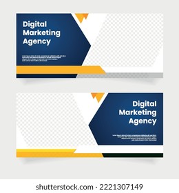 Business webinar horizontal banner template design. Modern banner design with blue and yellow background and yellow frame shape. Usable for banner, cover, and header.