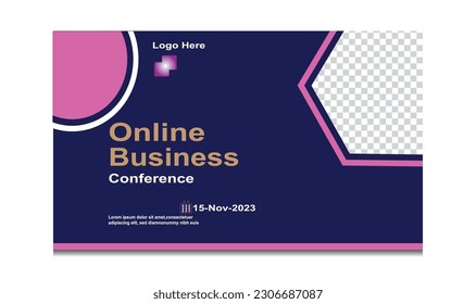  Business webinar horizontal banner template design. Modern banner design with blue background and pink frame shape. Usable for banner, cover,