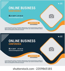 Business webinar horizontal banner template design. Modern banner design with wave background and yellow frame shape. Can be used for banners, covers and headers.