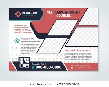 Diseño de plantilla de banner horizontal para seminarios web de negocios. Diseño moderno de fondo blanco. elemento rojo y azul. Usable para banner, portada y cabecera. el autoempoderamiento es titular. patrón de semitono de punto.