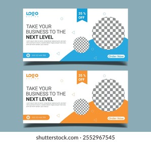 Business webinar horizontal banner template design. Modern banner design with black and white background and yellow frame shape. Usable for banner, cover, and header.