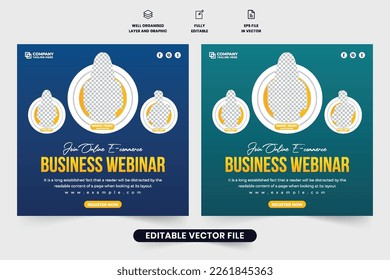 Business webinar and online e-commerce conference template with green and blue colors. Office seminar social media post vector with photo placeholders. Webinar and business promotion web banner.