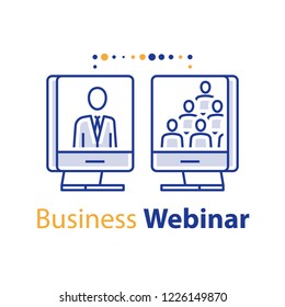 Business webinar, online training course, educational resources, guidance and mentoring, internet seminar, web meeting, lecture speaker and audience, distant learning, vector line icon