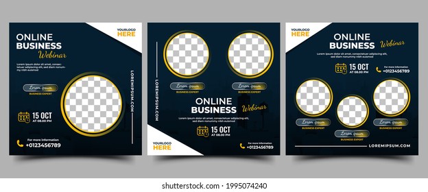 Business Webinar social media post template design. Modern promotional banner with black background and place for the photo. Usable for social media, banners, and websites.