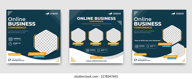 Business webinar social media post template. Modern banner design with black and white background and yellow shape