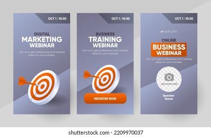 Business webinar social media story template. Background and business goal 3d illustration for social media banner post design in vector. Editable layout with a place for picture.