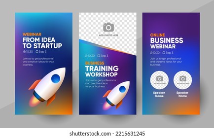 Business webinar social media story template. Background and business startup 3d illustration for social media banner post design in vector. Editable layout with a place for picture.